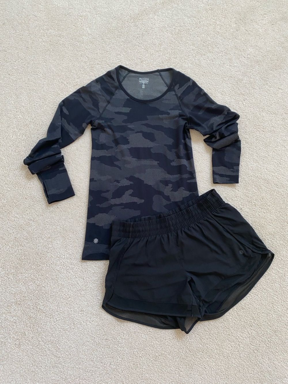 Athleta Black Camo Long-Sleeve and Black Athleta Workout Shorts Set